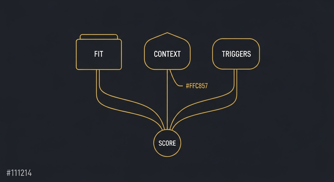 AI Lead Scoring Three Pillars: Fit, Context, and Triggers converging into Score
