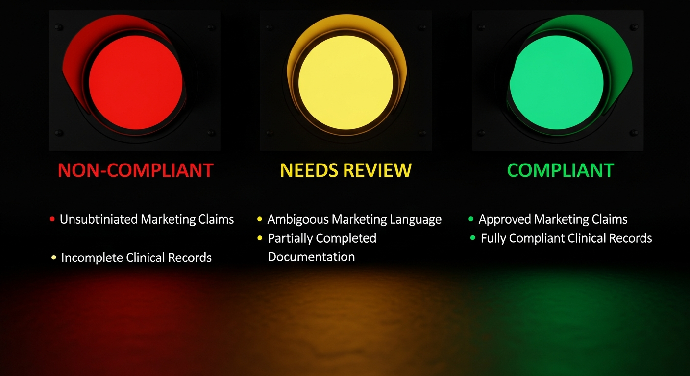 Compliance traffic light system for life sciences content showing green, yellow, and red zones