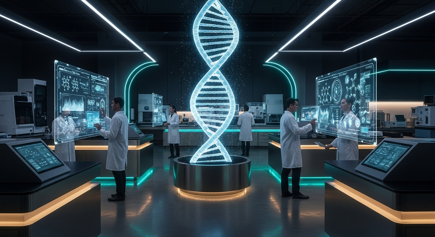 Life sciences laboratory with DNA visualization representing AI-driven research and discovery