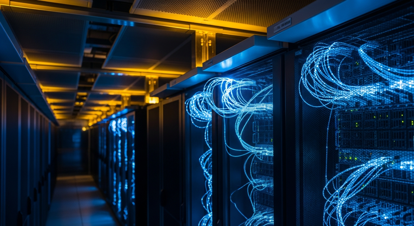 Modern data center server room with fiber optic cables